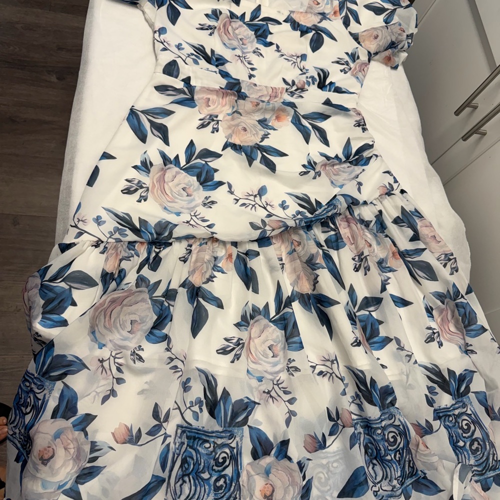 Dolce Vita White Floral Midi Dress with Blue & Blush Accents